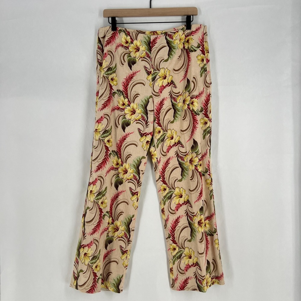 Oscar de la Renta Pants Womens 14 Multicolor Floral Linen Straight Leg Side Zip